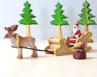 Wooden Santa, Wooden Christmas figures, Hand Made Toy, Christmas Decoration, Christmas Gift, Santa with reindeer and sleigh, Gift for kids