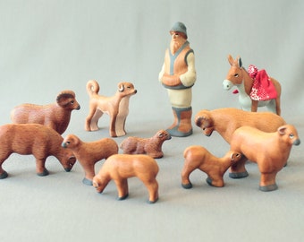 Shepherd with sheep herd toy set, Wooden Shepherd figurine, Wooden ram toy, Donkey figurines, Play set for kids