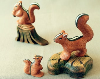 Wooden chipmunk, Squirrel family, Woodland figurines, Wild animals, Waldorf toys, Handmade toys