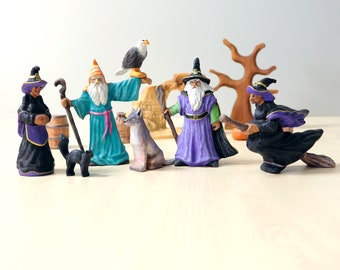Handmade Wooden Halloween Figurines: Waldorf Toy Wizard & Witch Set