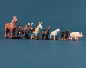 Wooden Farm Animals Set, Domestic animals, Waldorf animals, Wooden toys, Wooden figurines, Cow, Horse, Pig, Donkey, Dog, Sheep, Goat