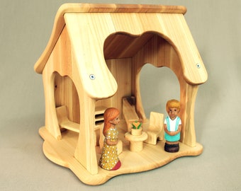 Wooden Dollhouse with dolls and furniture, Handmade puppets miniature, Gift for kids, Montessori toys