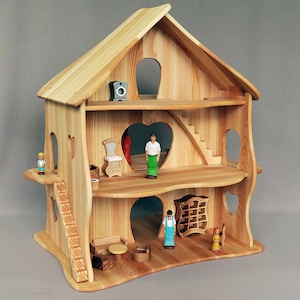 Holzspielzeug Puppenhaus mit Möbeln, Waldorf-Puppenhaus, Handgefertigtes Naturholz-Puppenhaus, Holzspielzeug, Doppelgrößen-Puppenhaus Dollhouse SET