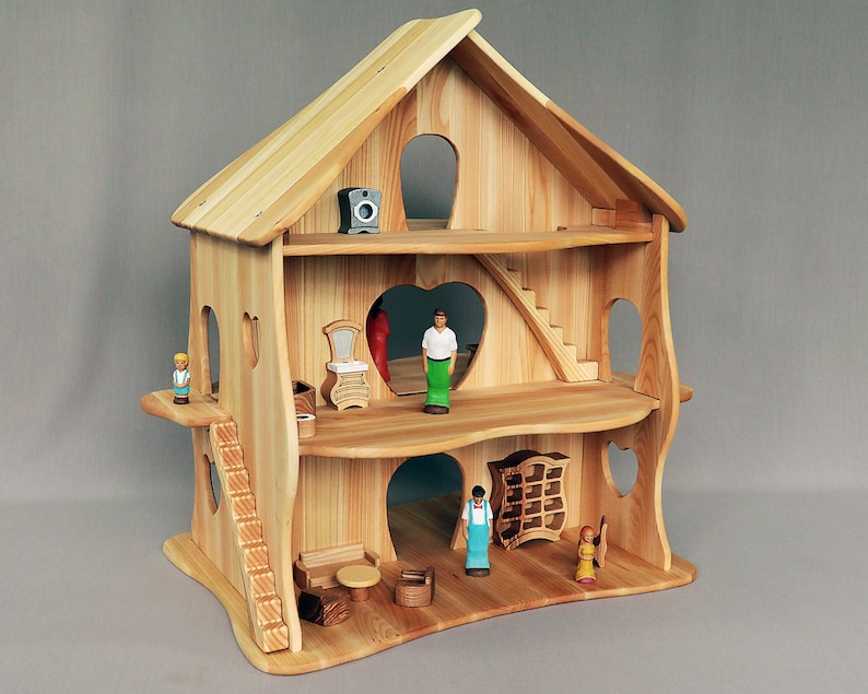 Holzspielzeug Puppenhaus mit Möbeln, Waldorf-Puppenhaus, Handgefertigtes Naturholz-Puppenhaus, Holzspielzeug, Doppelgrößen-Puppenhaus Dollhouse SET