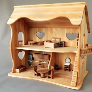 Wooden toy dollhouse with furniture, Waldorf Dollhouse, Handcrafted natural wooden doll house, Wooden Toys, Pretend play dollhouse