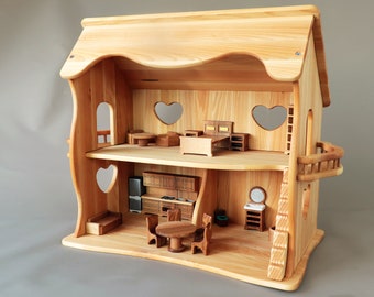 Maison de poupée en bois avec meubles, maison de poupée Waldorf, maison de poupée en bois naturel fabriquée à la main, jouets en bois, maison de poupée de jeu semblant