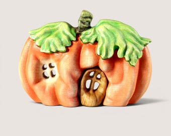 Wooden Dollhouse – Pumpkin Fairy House - Waldorf Toys Hand Painted Autumn Fairy Home