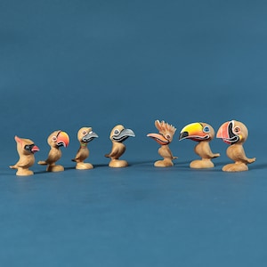 Juego de pájaros de madera: colección de personajes de dibujos animados, juguete hecho a mano, regalo para niños, animales Montessori, animales Waldorf, juguete ecológico