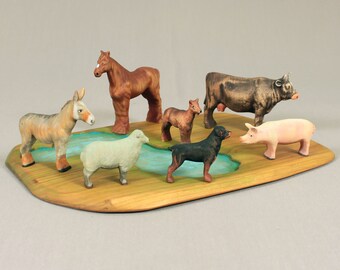 6 pcs Cartoon Farm Animals Toy Pig Dog Horse Donkey Cow Sheep Figures Playset 