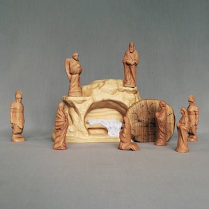 Ensemble de Pâques en bois, scène de résurrection de Pâques sur un tombeau vide, décoration de la résurrection de Jésus, décoration religieuse de Pâques, cadeau de Pâques en bois