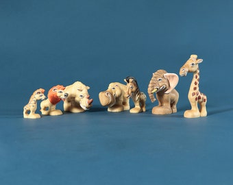 Safari Animals Toy Set - Cartoon Characters | Wooden toys | Giraffe | Elephant | Hippo | Zebra | Rhino | Lion | Hyena | Savanna Animals