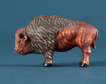 Jouet de bison en bois - Figurine de collection - Animaux de la forêt - Jouets Montessori Waldorf - Buffle d'Amérique - Décoration d'animaux de la forêt