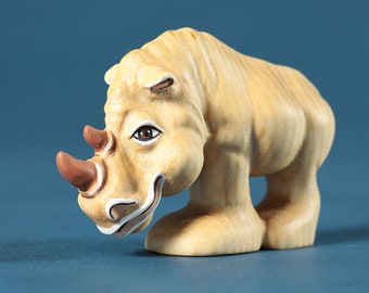 Personnage de dessin animé de rhinocéros en bois | Jouets en bois | Rhinocéros fait main | Animaux de la savane | Animaux de safari | Jouet Waldorf | Cadeau pour les enfants