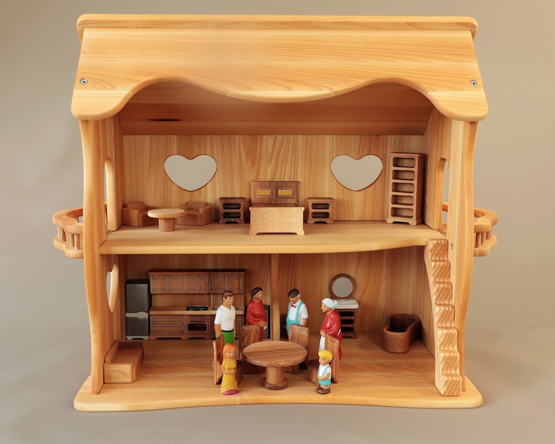 Wooden toy dollhouse with furniture, Waldorf Dollhouse, Handcrafted natural wooden doll house, Wooden Toys, Pretend play dollhouse Dollhouse SET