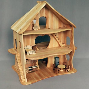 Holzspielzeug Puppenhaus mit Möbeln, Waldorf-Puppenhaus, Handgefertigtes Naturholz-Puppenhaus, Holzspielzeug, Doppelgrößen-Puppenhaus House + furniture