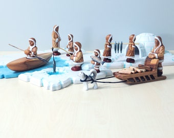Handmade Wooden Inuit People Playset: Arctic Adventure Toy