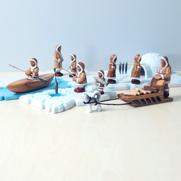 Großes SET Inuit Menschen, Eskimo Holzfiguren, Handgemachtes Spielzeug, Inuit Puppen, Holztier Spielzeug-Set, Spielset, Geschenk für Kinder, Weihnachtsgeschenk