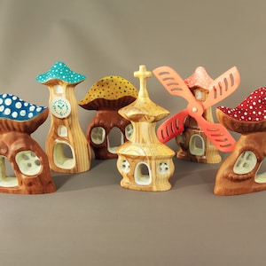 Wooden mushroom house, Fairy tale village, Waldorf toys, Wooden house for gnome, Gift for Kids, Handmade toy