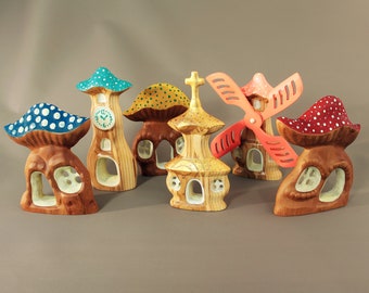 Wooden mushroom house, Fairy tale village, Waldorf toys, Wooden house for gnome, Gift for Kids, Handmade toy