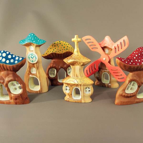 Wooden mushroom house, Fairy tale village, Waldorf toys, Wooden house for gnome, Gift for Kids, Handmade toy