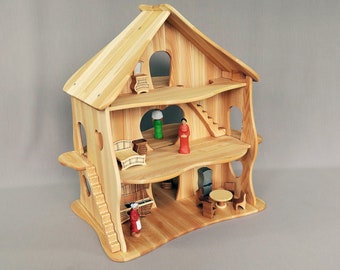 Maison de poupée jouet en bois avec meubles, Maison de poupée Waldorf, Maison de poupée en bois naturel fabriquée à la main, Jouets en bois, Maison de poupée double taille