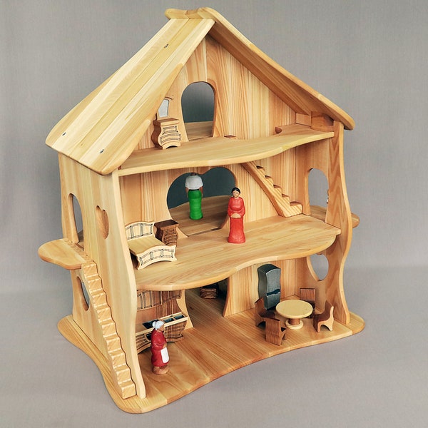 Holzspielzeug Puppenhaus mit Möbeln, Waldorf-Puppenhaus, Handgefertigtes Naturholz-Puppenhaus, Holzspielzeug, Doppelgrößen-Puppenhaus