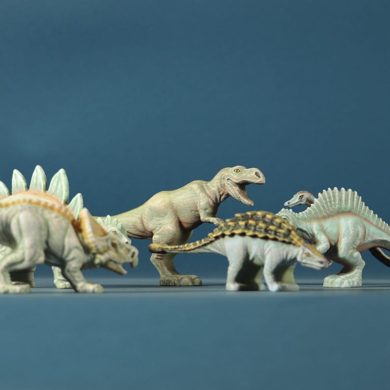 Wooden Dinosaur Toy SET - Hand-painted Ash Wood Jurassic Animals ...