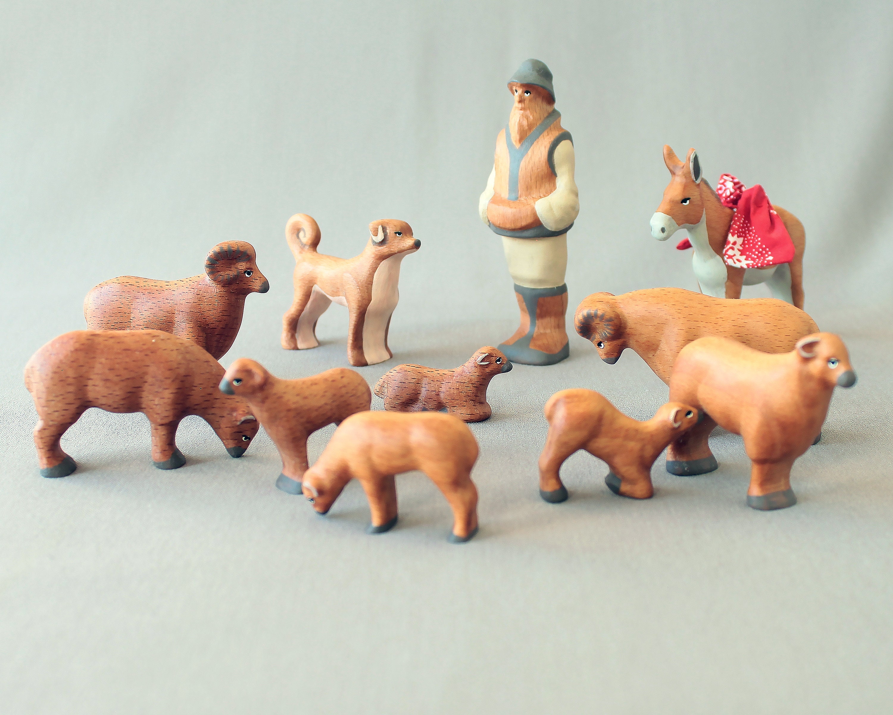 Wooden Shepherd and Sheep Toy Set: Montessori Waldorf Animals