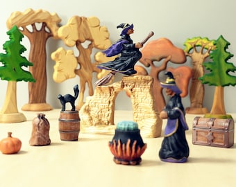 Handmade Wooden Witch Figurine: Waldorf Montessori Halloween Toy