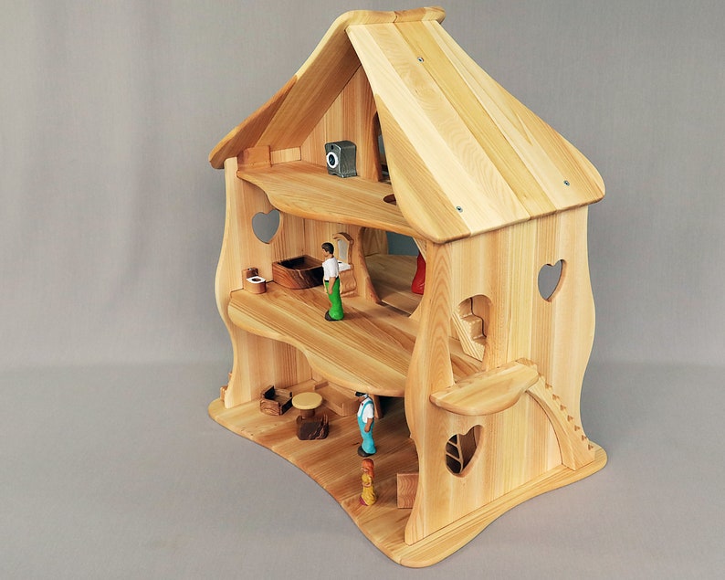 Holzspielzeug Puppenhaus mit Möbeln, Waldorf-Puppenhaus, Handgefertigtes Naturholz-Puppenhaus, Holzspielzeug, Doppelgrößen-Puppenhaus Bild 5