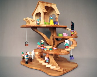 Holzpuppen Baumhaus Mutterbaum, Waldorf Spielzeug, Schneewittchen und Zwerge, Geschenk für Kinder, handgemachtes Holzpuppenhaus, Holzbaumhaus