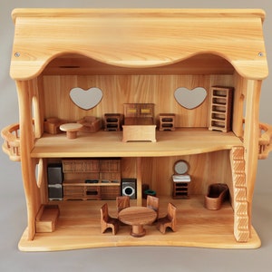 Wooden toy dollhouse with furniture, Waldorf Dollhouse, Handcrafted natural wooden doll house, Wooden Toys, Pretend play dollhouse House + furniture