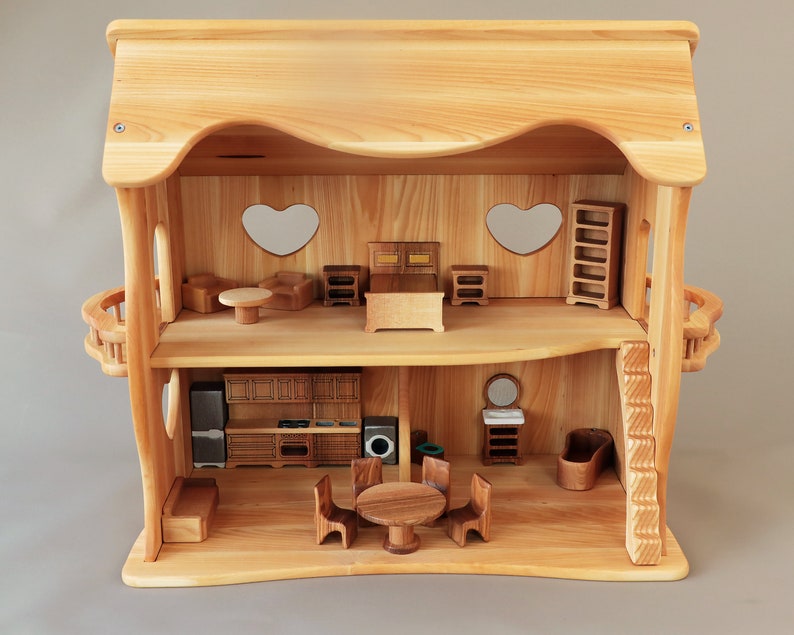 Wooden toy dollhouse with furniture, Waldorf Dollhouse, Handcrafted natural wooden doll house, Wooden Toys, Pretend play dollhouse House + furniture