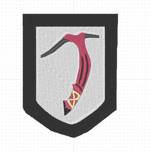 May include: Embroidered patch featuring a red ice axe with a black handle and accents, set against a white background with diagonal lines. The patch has a black border and a shield shape.