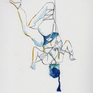 Shibari rope suspension life drawing / painting in ink - framed original