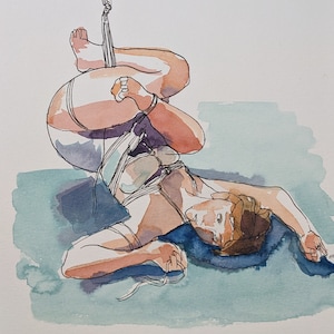 Shibari life drawing in ink - framed original painting of partial rope suspension