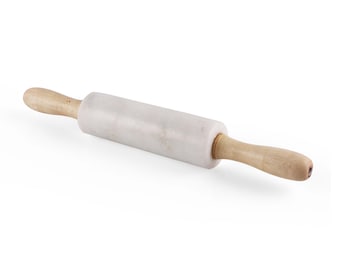 May include: White marble rolling pin with wooden handles.