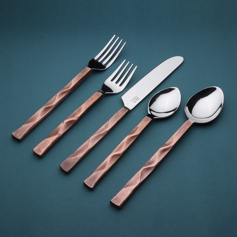 INOX Broacade 5 Pc. Flatware Set Serves 1 Copper Antique