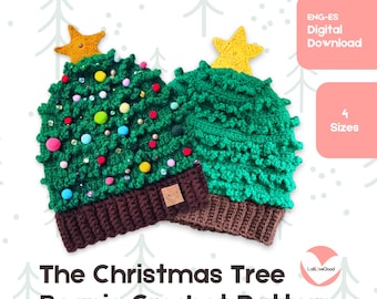 May include: Two green Christmas tree beanies with brown brims and yellow star toppers. One beanie is decorated with colorful pom-poms and beads. The text "The Christmas Tree Beanie Crochet Pattern" is at the bottom. The image also includes the text "ENG-ES Digital Download" and "4 Sizes".
