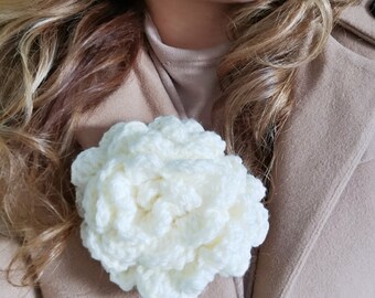White Camellia Crochet Brooch - Handmade Statement Flower Pin with Pearl Accent