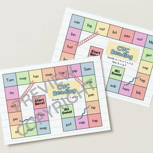 May include: Two CVC Reading game boards with colorful squares and words like "can," "big," and "cat." The boards feature ladders and wavy lines, with text that reads "Start Here!" and "All Done!" The game boards are designed for educational purposes.