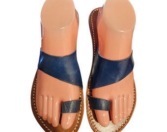 UK Size 6, USA size 8, Europe Size 39, Navy Handmade Leather sandals, Moroccan leather, flat sandals, Slip on