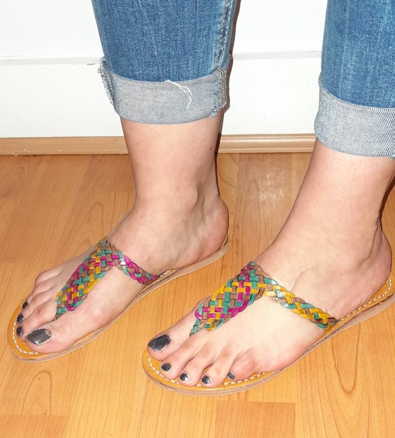 UK Size 6, Usa Size 8, Handmade Sandals, Moroccan Flat Leather Multicolour  Sandals, Shoes 