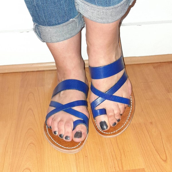 UK Size 6, Blue Handmade Moroccan Leather Slip on Sandals