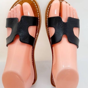 Uk Size 8, Women&#39;s  Black Handmade Leather sandals, Slip on Sandals