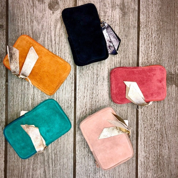 Leather phone pouch with shoulder strap, Glitter suede leather pouch in 3 formats, gift idea, shoulder bag