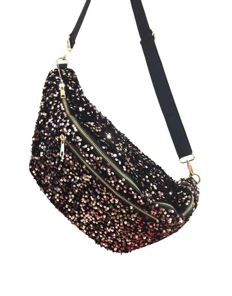 Banane Xl femme Glitter, Banane Pailette , Banane Sequin , Oversize bum bag , grand Sac banane femme , Bum bag , hip bag pochette banane Shine Black And Gold