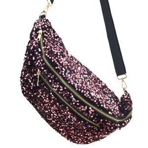 Banane Xl femme Glitter, Banane Pailette , Banane Sequin , Oversize bum bag , grand Sac banane femme , Bum bag , hip bag pochette banane Shine Black And Pink