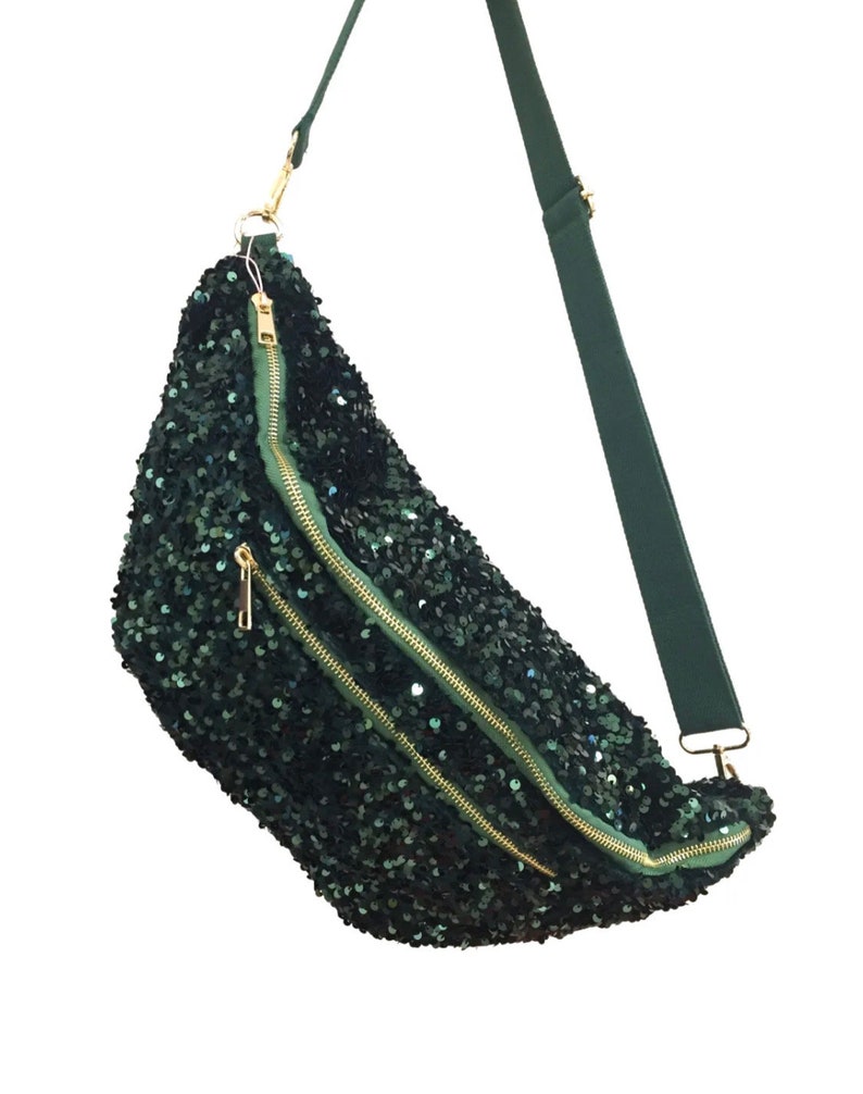 Banane Xl femme Glitter, Banane Pailette , Banane Sequin , Oversize bum bag , grand Sac banane femme , Bum bag , hip bag pochette banane Shine Green