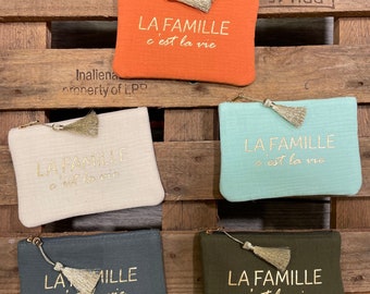 Pochette la famille c’est la vie , les copines c’est la vie , pochette en Gaz de cotton , porte monnaie